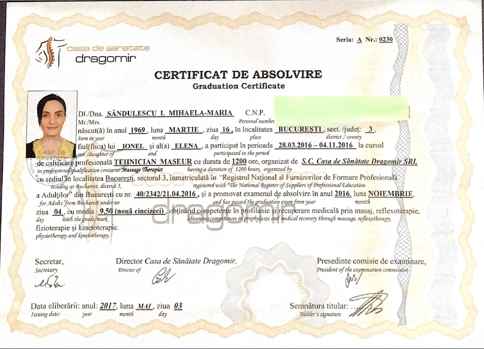Diploma Tehnician Maseur